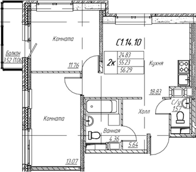 2-комнатная квартира 56.29 м², 14/22 эт., ЖК «Парк-квартал Юнтолово»